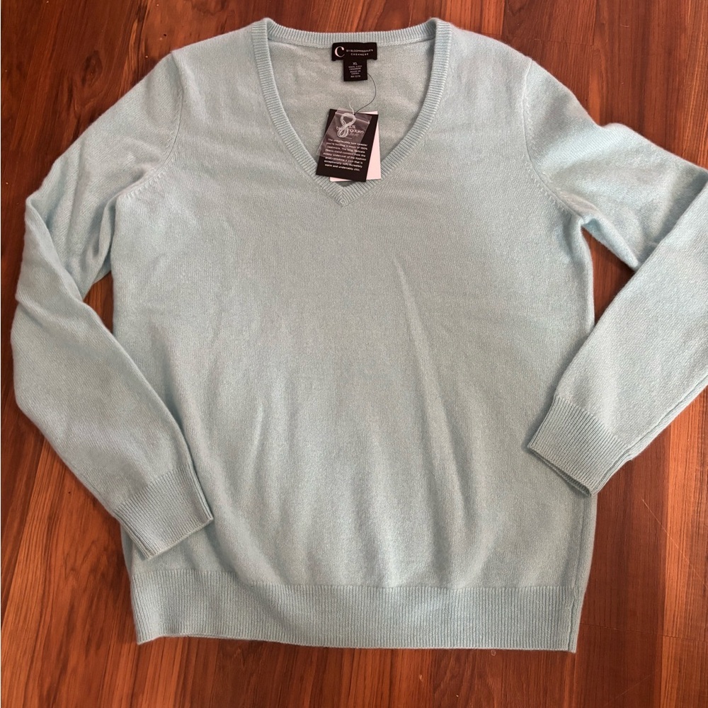 Designer Brand Womens Caribbean Blue Cashmere Long Sleeve V Neck Sweater XL